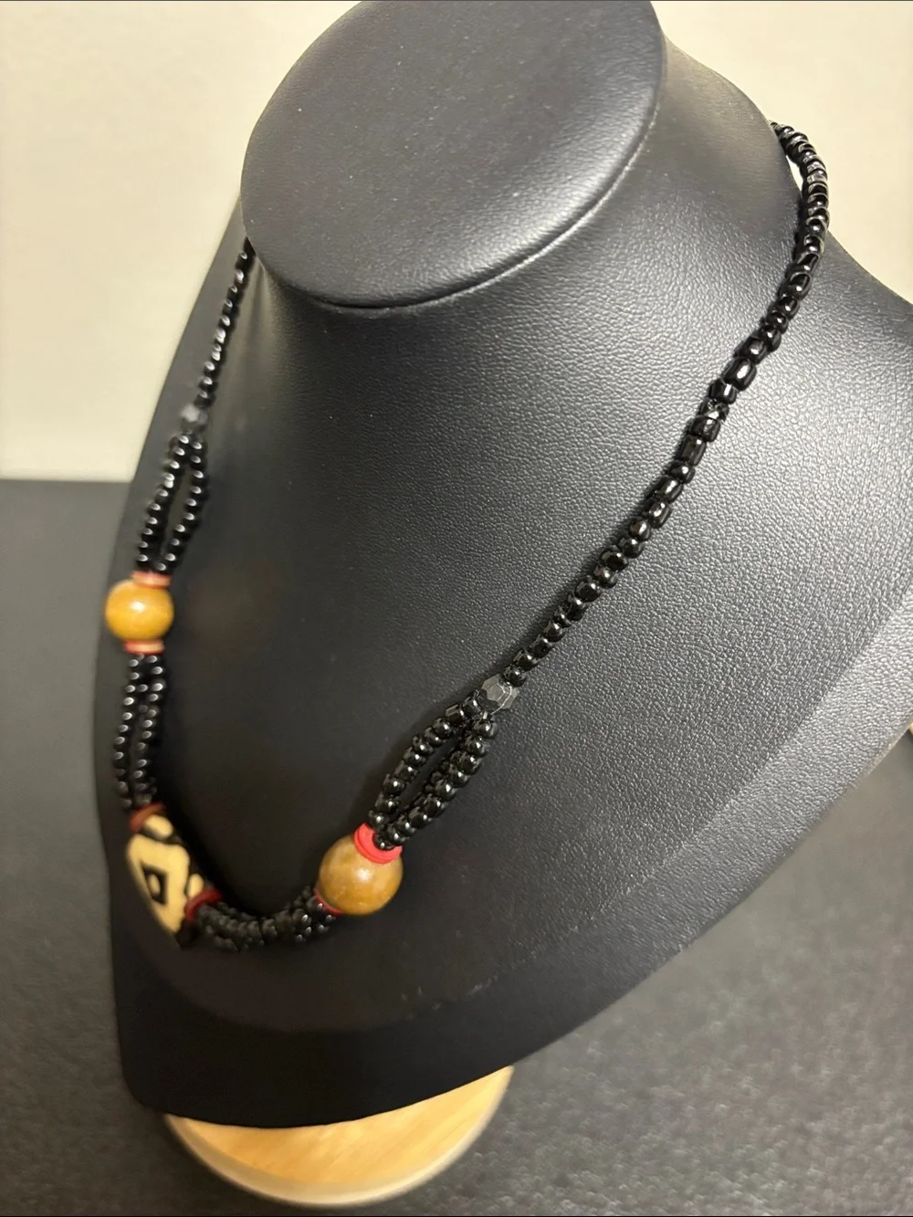 Vintage Black Glass Beaded Bone Pendant Boho Artisan Necklace